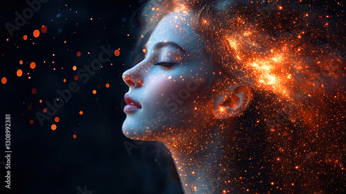 Creative portrayal of a woman with cosmic elements flowing from her hair against a dark background in a surreal artistic style. Generative AI