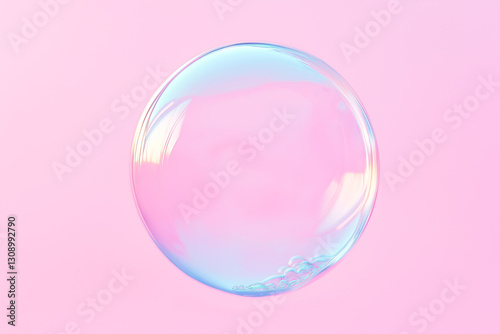 Pink round soap bubble floating in the air on pink background.