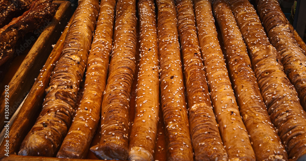 Chengdu, Sichuan, China. Fried Pork Intestines Stuffed With Onions. Traditional Chinese Meat Snacks. Chinese Street Food. Street Barbecue. Asian Street Food. Asian Cuisine. gastronomic tourism