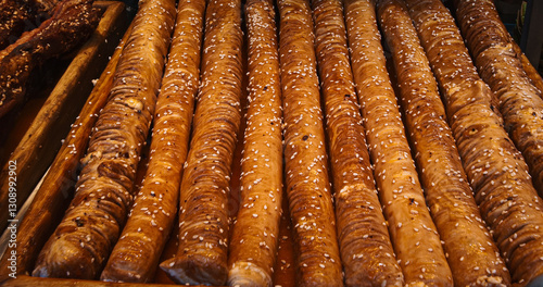 Obraz na płótnie Chengdu, Sichuan, China. Fried Pork Intestines Stuffed With Onions. Traditional Chinese Meat Snacks. Chinese Street Food. Street Barbecue. Asian Street Food. Asian Cuisine. gastronomic tourism w salonie