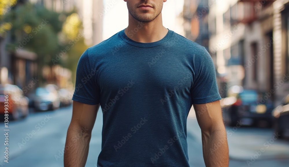 Plain t-shirt mockup on an attractive, fit man walking through a city street. The smooth shirt glistens in sunlight with a clean and minimal design focus Plain t-shirt mockup on an attractive, fit man walking through a city street. The smooth shirt glistens in sunlight with a clean and minimal design focus