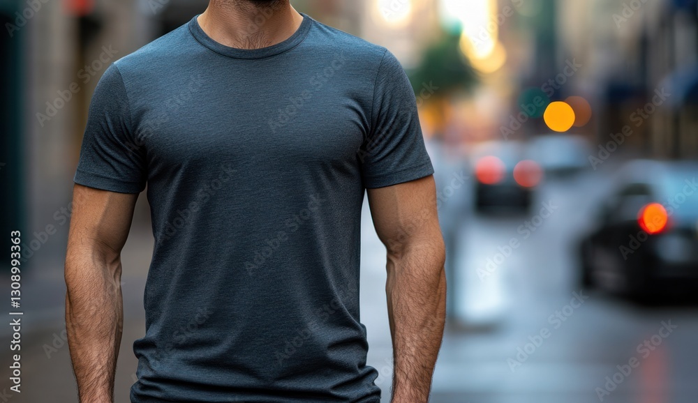 Plain t-shirt mockup on an attractive, fit man walking through a city street. The smooth shirt glistens in sunlight with a clean and minimal design focus Plain t-shirt mockup on an attractive, fit man walking through a city street. The smooth shirt glistens in sunlight with a clean and minimal design focus