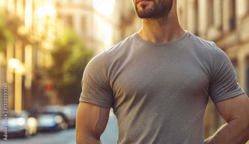 Plain t-shirt mockup on an attractive, fit man walking through a city street. The smooth shirt glistens in sunlight with a clean and minimal design focus Plain t-shirt mockup on an attractive, fit man walking through a city street. The smooth shirt glistens in sunlight with a clean and minimal design focus