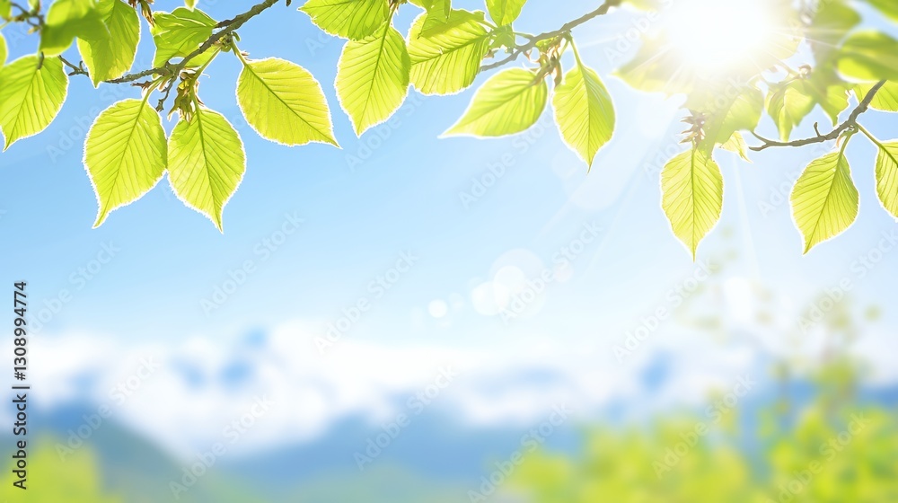 Bright Green Leaves and Sunlit Sky Over Mountain Landscape Bright Green Leaves and Sunlit Sky Over Mountain Landscape
