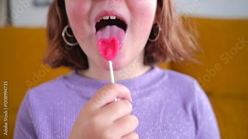 Delightful moment of a child enjoying a heart-shaped lollipop