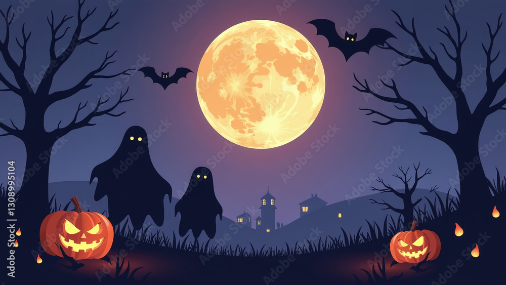 Fototapeta premium flat vector halloween scene features ghostly silhouettes pumpkins full moon spooky