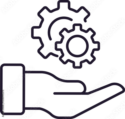 Gear and Cogwheel over Hand Outline Icon for Graphics, Designs, Books, Adverts, Apps