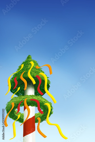 illustration of a cartoon maypole with colorful ribbons against a blue sky