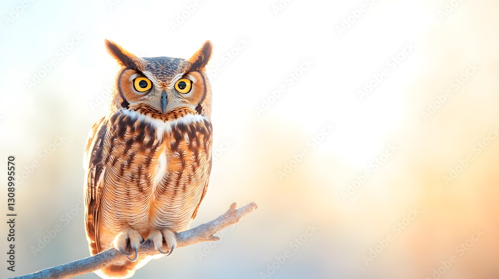 Obraz premium A stunning close-up of an owl perched on a branch, showcasing its vibrant eyes and intricate feathers in a soft, blurred background.
