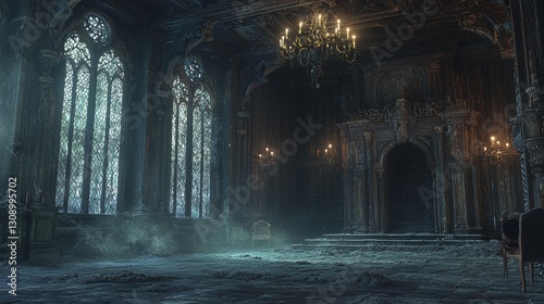 Eerie Castle Interior: A Spooky Room with Intricate Details and Haunting Atmosphere