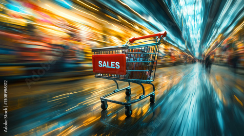Obraz na płótnie Neon Shopping Cart with Sales Sign in Store w salonie