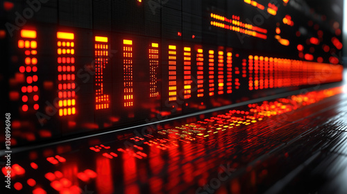 Illuminated sound wave display with vibrant colors reflecting modern technology processes in a dimly lit environment. Generative AI