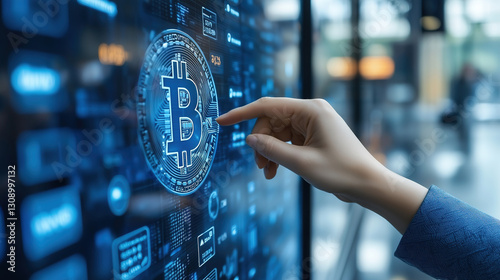Exploring digital currency through interactive display at a modern tech center in the afternoon. Generative AI