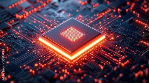 electronic circuit board with processor,A glowing chip with an electronic circuit board background, 3D rendering, dark blue and light red tones, close-up shots of the chip. 