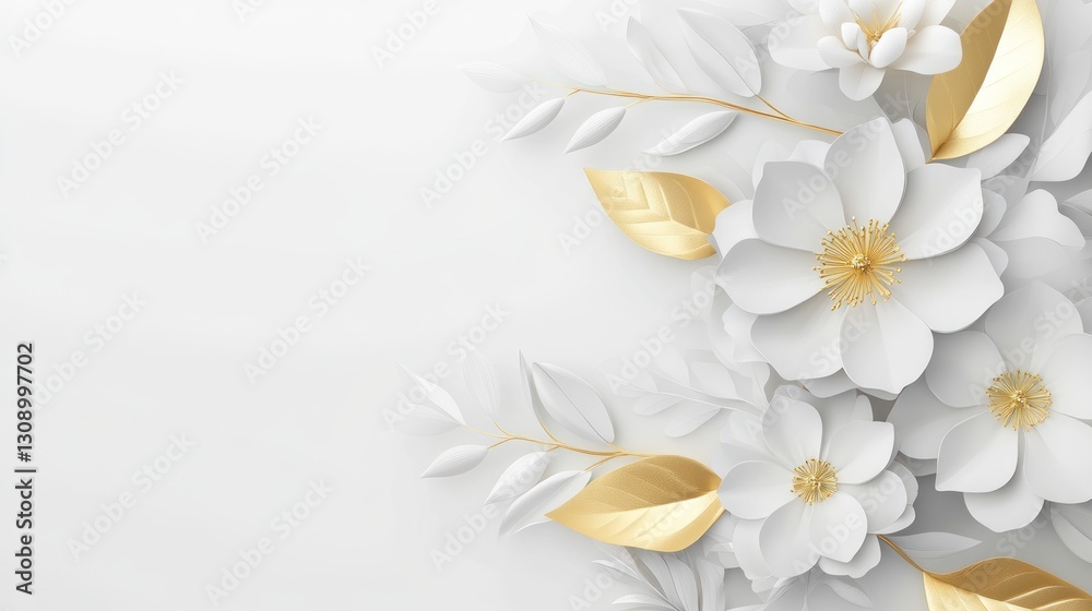 Fototapeta premium White paper flowers, gold accents, 3D design, elegant background, perfect for invitations or branding