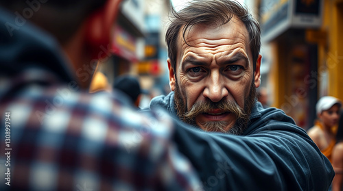 Ein Rüpel von einem Menschen. Ich bezogener Mann, egoistisch und mürrisch.