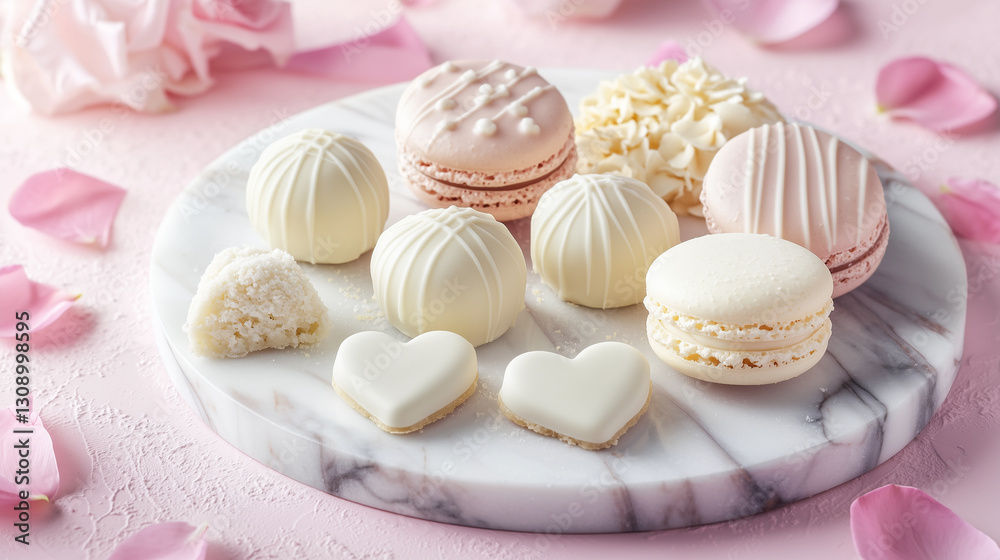 Romantic white chocolate truffles and macarons on a marble plate
Romantic white chocolate truffles and macarons on a marble plate