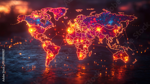Vibrant global map illustration highlighting connections and digital networks at sunset. Generative AI