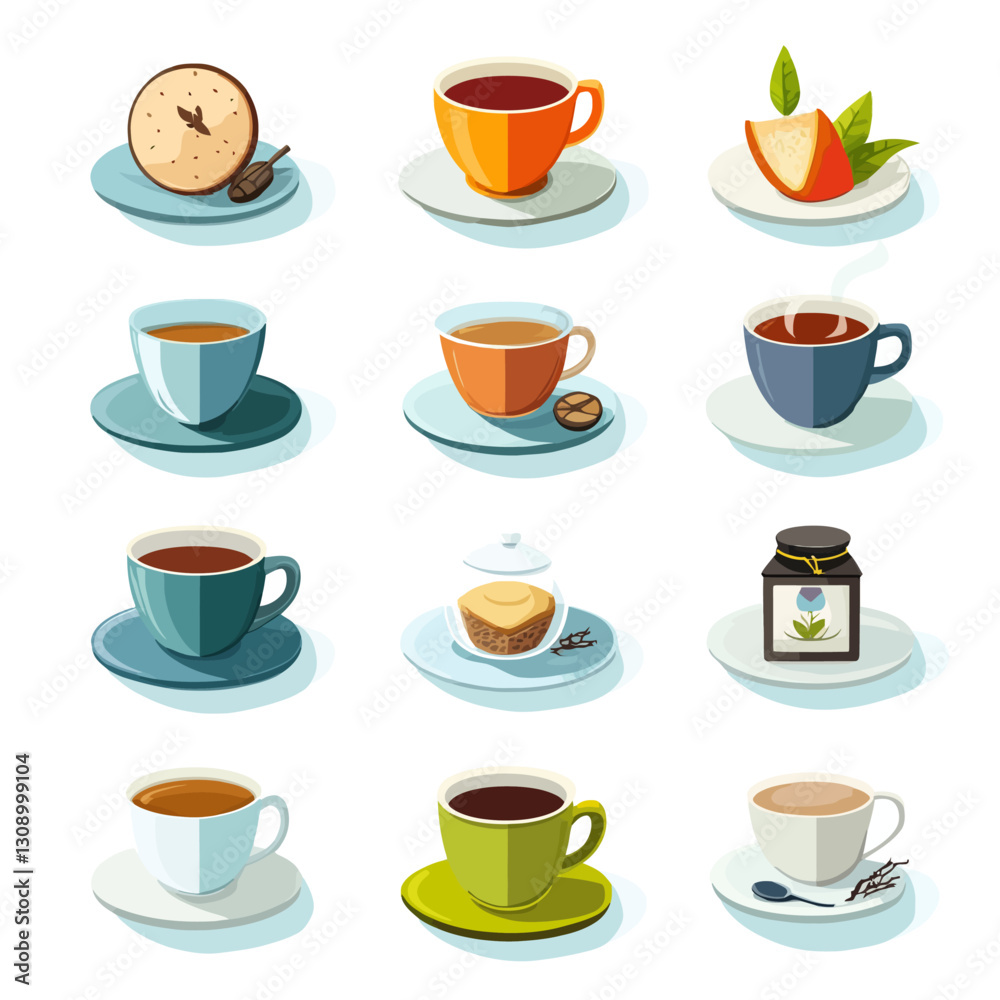 Assorted Coffee and Tea Cups, Saucers, and Related Objects on White Assorted Coffee and Tea Cups, Saucers, and Related Objects on White