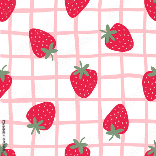 Cute Strawberry pattern, seamless print with berry. Natural sweet food. Summer fruit background for fabric, textile, wrapping paper, wallpaper. Flat vector illustration