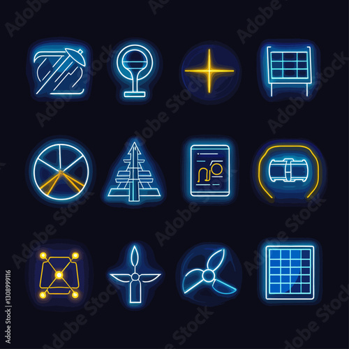 Neon icons of renewable energy sources on black background.