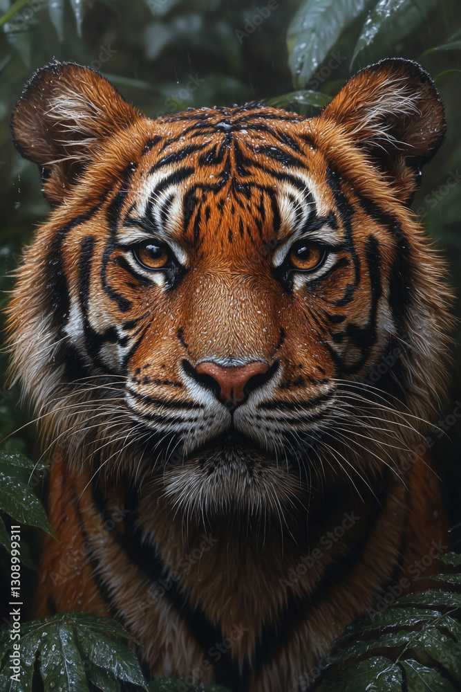 Fototapeta premium Captivating Tiger Portrait in a Lush Rainforest Ambiance Close-Up