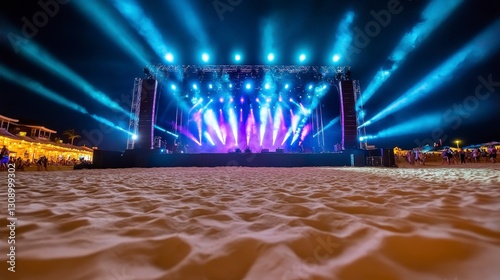 Fototapeta Naklejka Na Ścianę i Meble -  Vibrant Concert Stage with Colorful Lights on Sandy Beach at Night