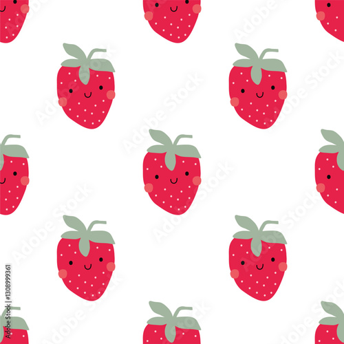 Cute Strawberry pattern, seamless print with berry. Natural sweet food. Summer fruit background for fabric, textile, wrapping paper, wallpaper. Flat vector illustration