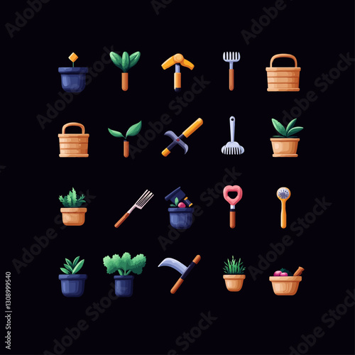 Gardening Tools and Plants Icons Set on Black Background