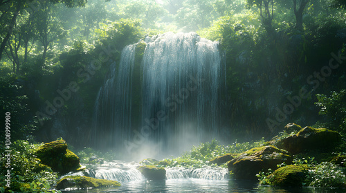 Obraz na płótnie A magical scene of a secluded waterfall deep in the forest, with soft light streaming through the canopy and moss-covered stones framing the scene. w salonie