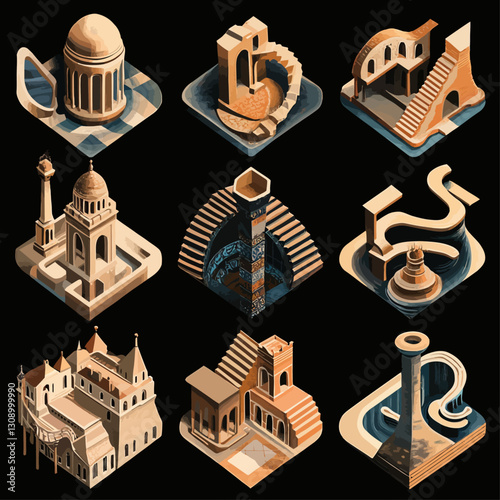 Isometric architectural illustrations, staircases, and whimsical building designs.