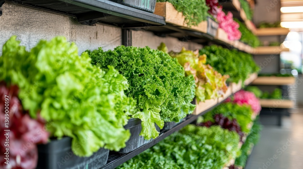 Fresh, Organic Lettuce Growing Vertically in a Modern Indoor Farm, Sustainable Agriculture Fresh, Organic Lettuce Growing Vertically in a Modern Indoor Farm, Sustainable Agriculture