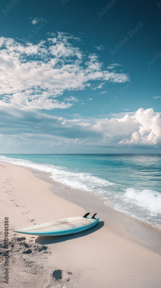 Surfboard rests on a tranquil beach under a summer sky Surfboard rests on a tranquil beach under a summer sky