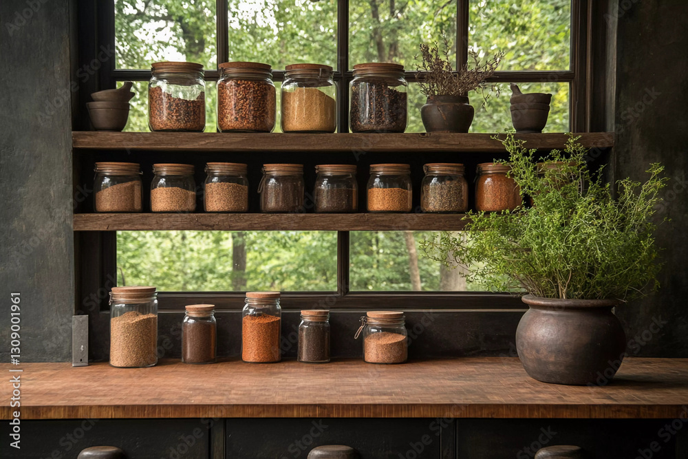 Fototapeta premium Spices and herbs neatly organized on wooden shelves in a rustic kitchen with a view of nature