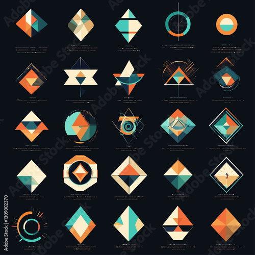 Abstract Geometric Shapes in Turquoise Orange on Black Background