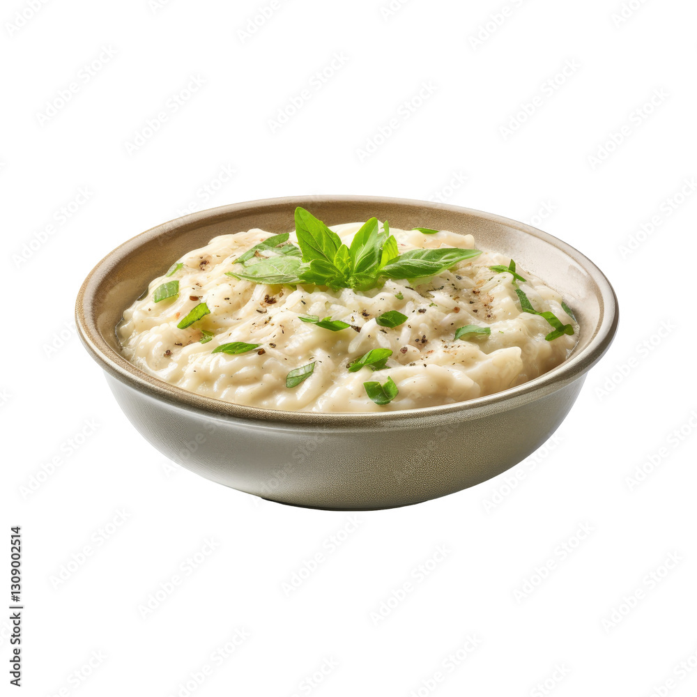 steaming bowl of creamy risotto garnished on transparent background steaming bowl of creamy risotto garnished on transparent background