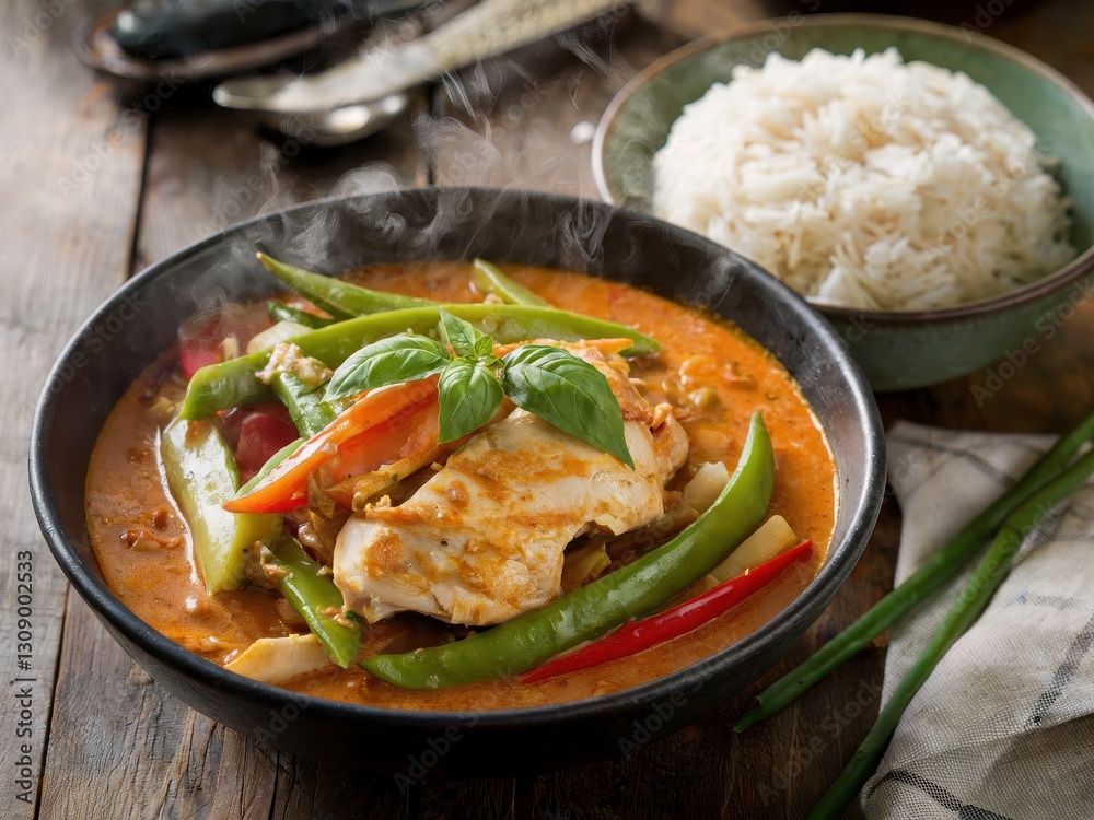 A steaming bowl of spicy Thai curry filled with colorful vegetables and tender chicken, garnished with fresh basil, served with a side of jasmine rice A steaming bowl of spicy Thai curry filled with colorful vegetables and tender chicken, garnished with fresh basil, served with a side of jasmine rice