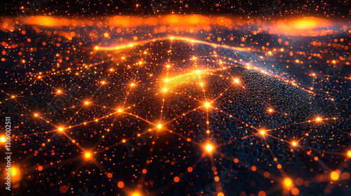 Colorful abstract representation of a network with glowing connections in a dark background. Generative AI