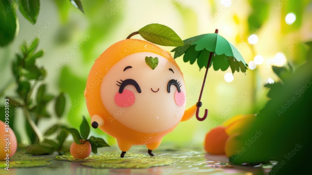 Vibrant Orange Fruit with Green Umbrella Creating Fun Playful Scene Vibrant Orange Fruit with Green Umbrella Creating Fun Playful Scene