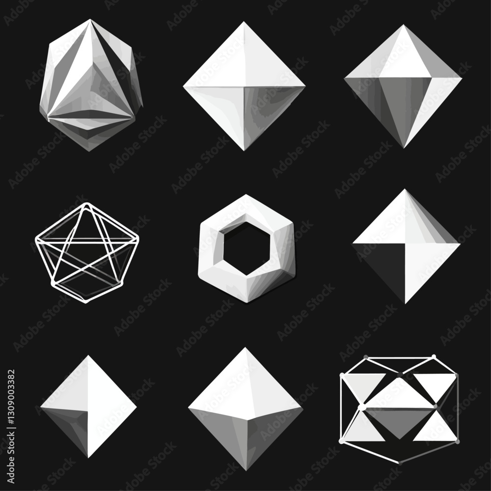 3D geometric shapes on black background, abstract design, modern art 3D geometric shapes on black background, abstract design, modern art