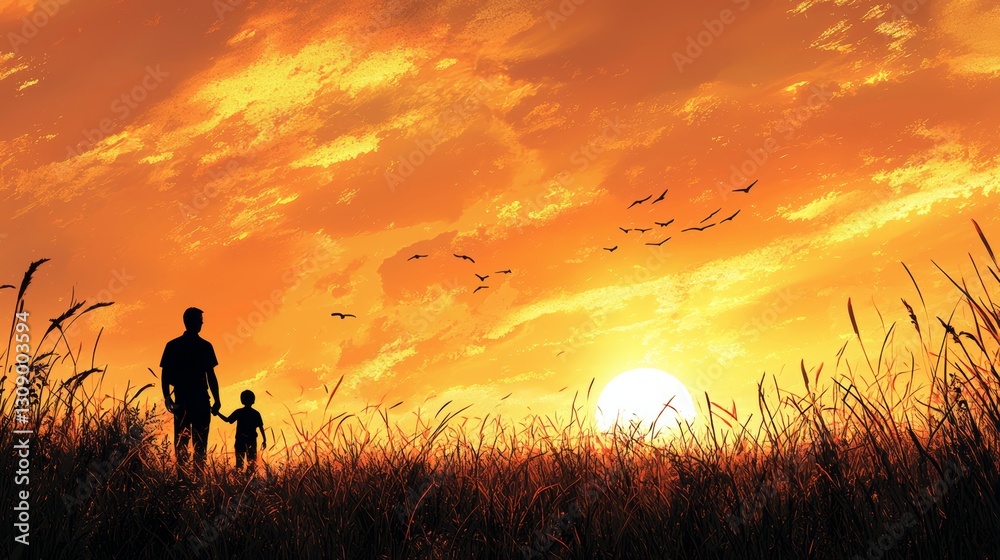 Fototapeta premium Heartwarming Silhouette of a Father and Son Enjoying Quality Time Outdoors at Sunset