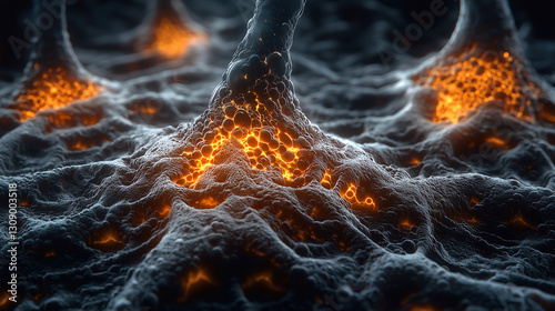 Bubbling lava flows across a volcanic surface, showcasing the intense heat and dynamic textures of molten rock formations. Generative AI