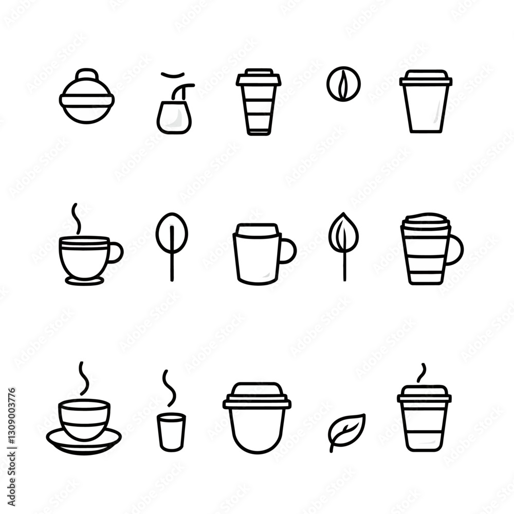 Coffee and Tea Icon Set, Black Outlined Vector Graphics on White. Coffee and Tea Icon Set, Black Outlined Vector Graphics on White.