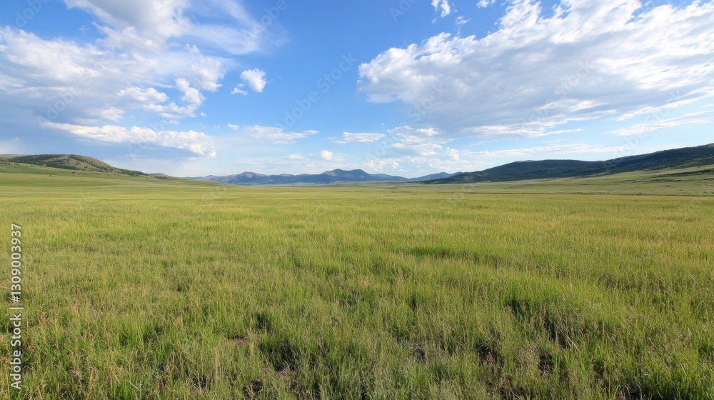 Expansive grassland under a partly cloudy blue sky; distant mountains on the horizon. Expansive grassland under a partly cloudy blue sky; distant mountains on the horizon.