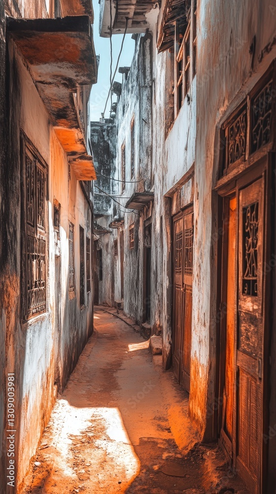 Fototapeta premium A cinematic, atmospheric shot of a narrow alleyway in Zanzibar€™s Stone Town where centuries-old