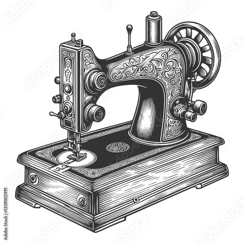 classic vintage sewing machine, perfect for tailoring and craftsmanship themes sketch engraving generative ai vector illustration. Scratch board imitation. Black and white image.