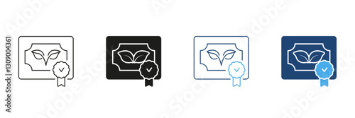 Certificate With Leaf And Checkmark Line and Silhouette Icon Set. Environmental Or Organic Certification Standards. Eco-Friendly Accreditation. Editable Stroke. Isolated Vector Illustration