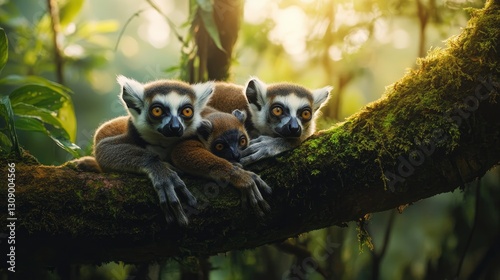 A close up photo of ring-tailed lemurs family resting on a moss-covered tree branch in a dense rainforest