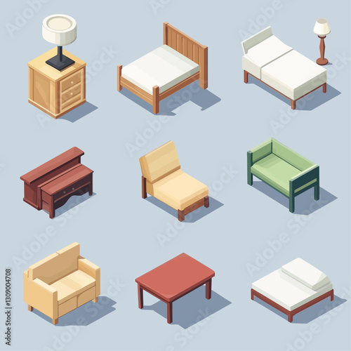 Isometric Furniture Set: Beds, Sofas, Tables, and Lamps Illustrations