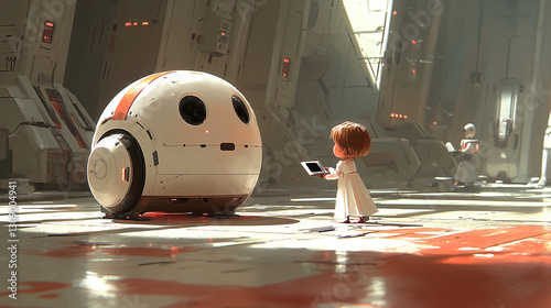 Child interacting with friendly robot in futuristic facility during exploration. Generative AI